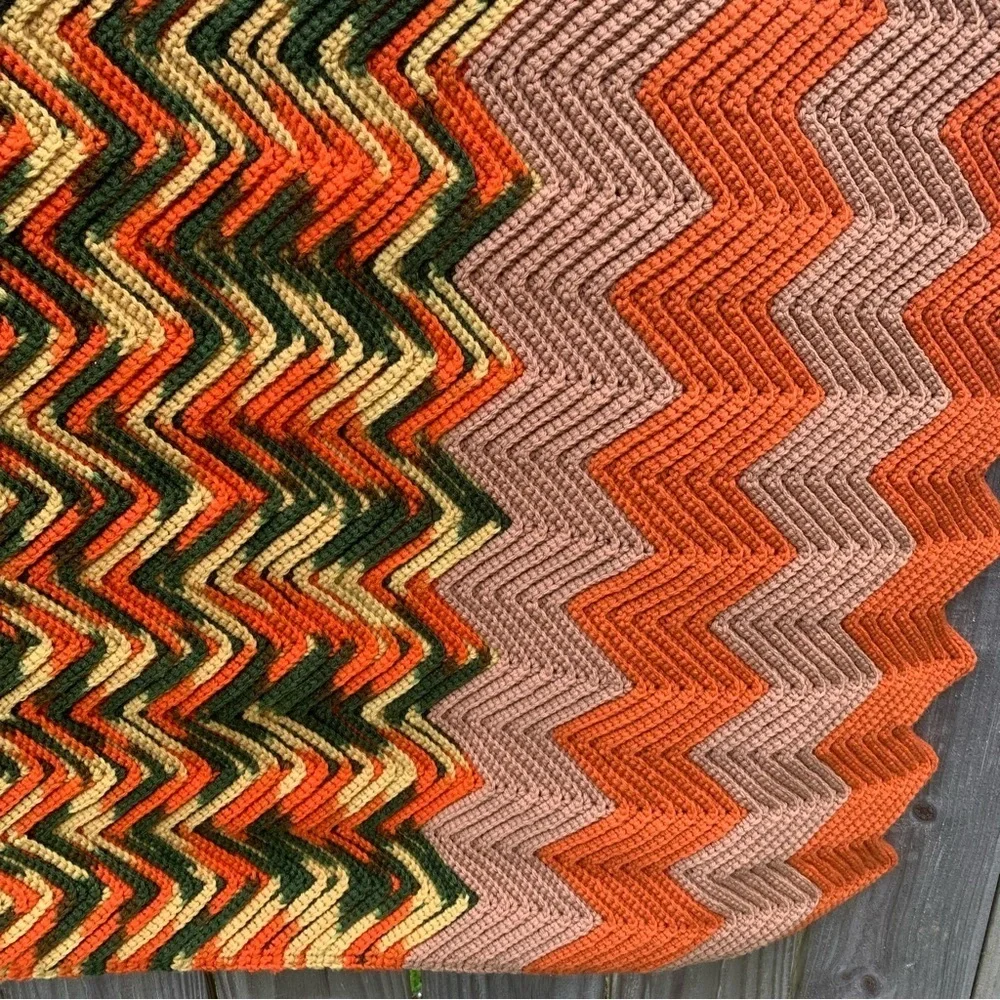 Vintage Afghan Throw Blanket Crochet Square Zig Zag Ripple Chevron 85” x 50”